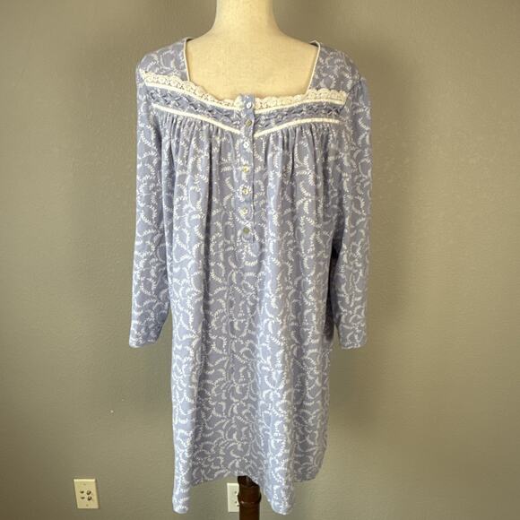 Eileen West Blue Floral Cotton Jersey Knit Nightgown Plus Size 2X Long Sleeve - Picture 2 of 9